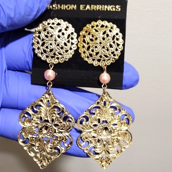 Women's Stylish Gold-tone Filigree Design 3" Long Beaded Drop Dangle Earrings #4 - Picture 1 of 5